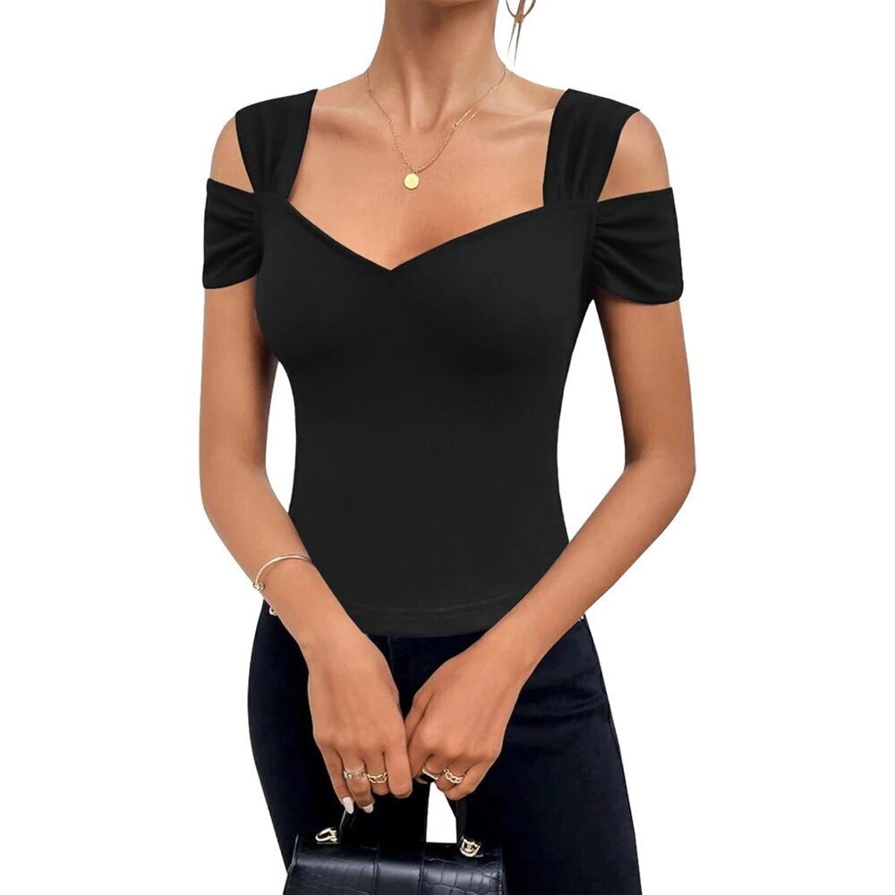 Cold Shoulder Top Women's Summer Blouse V-Neck Short Sleeve Casual Tunic